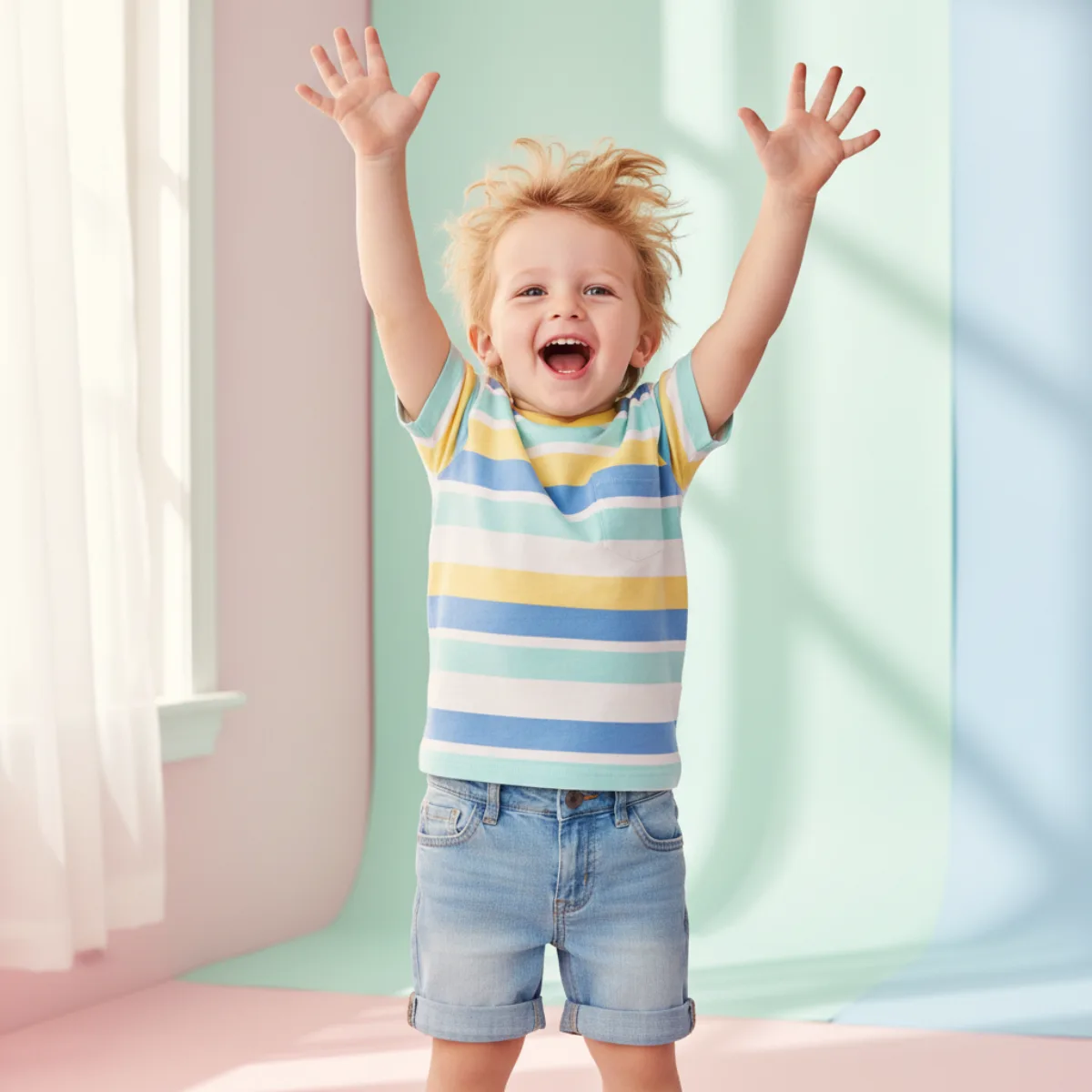 Happy toddler boy laughing in cute trendy outfit