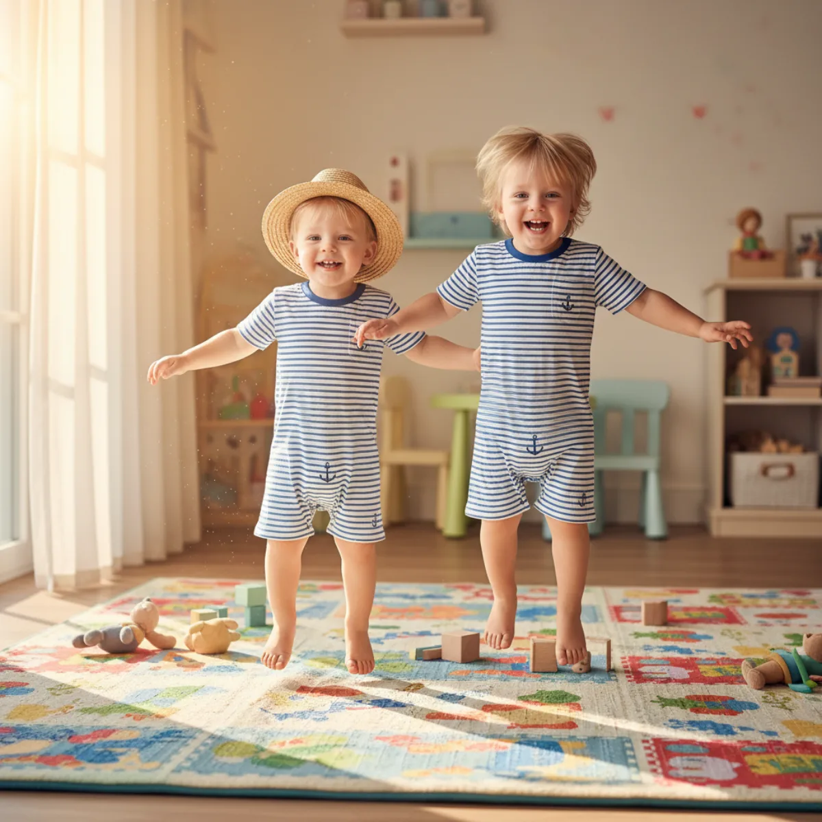 Two happy toddler boys jumping in matching outfits