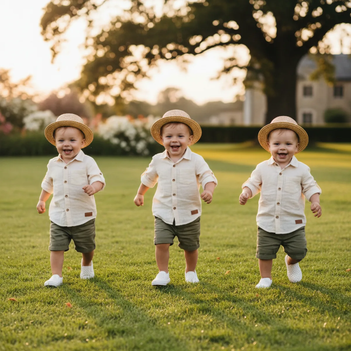 Three happy toddler boys in matching outfits running on grass